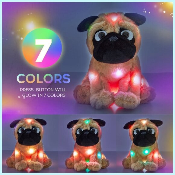 7 LED Light Plush Pug Auto Shut Off NWT Fluffy Stuffy - Picture 3 of 6